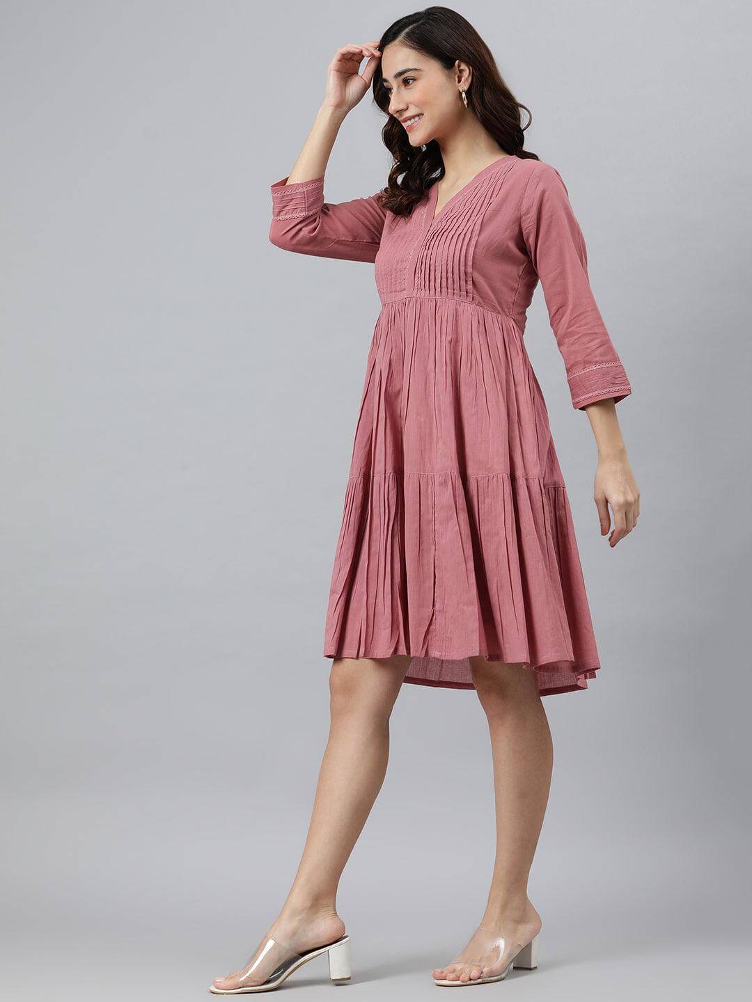 Coral Pink Cotton Solid Flared Western Dress Silae