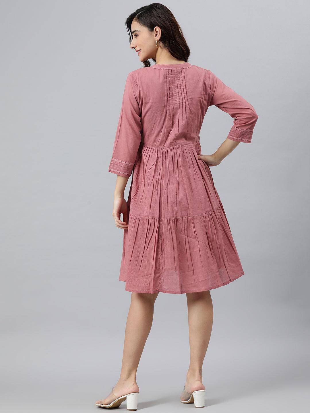 Coral Pink Cotton Solid Flared Western Dress Silae