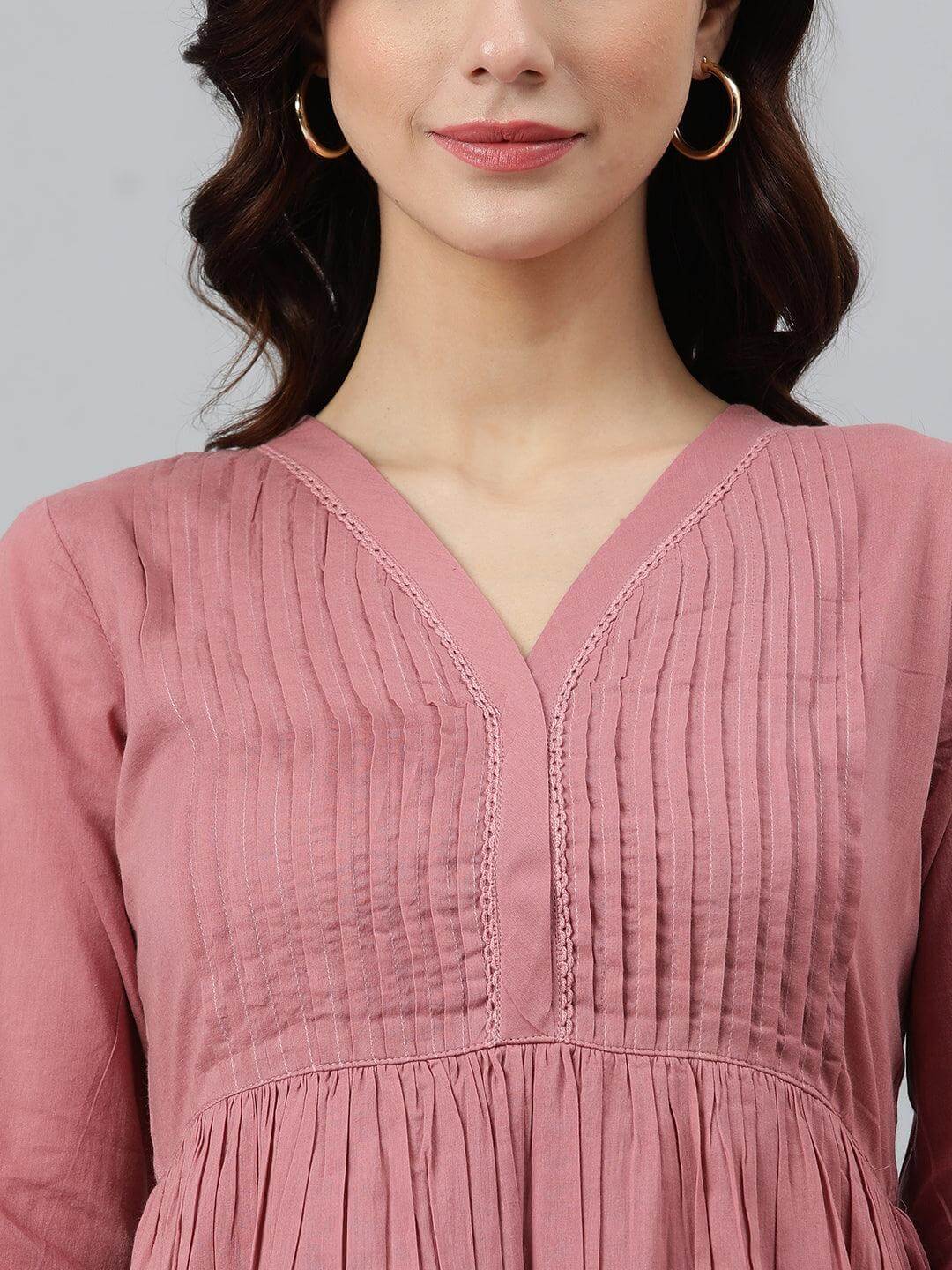 Coral Pink Cotton Solid Flared Western Dress Silae
