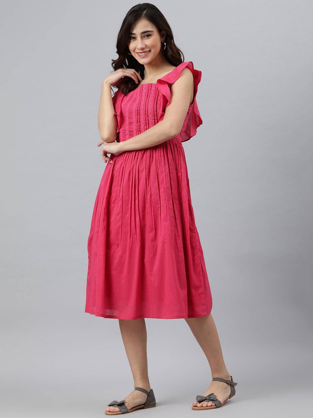 Pink Cotton Solid Flared Western Dress Silae