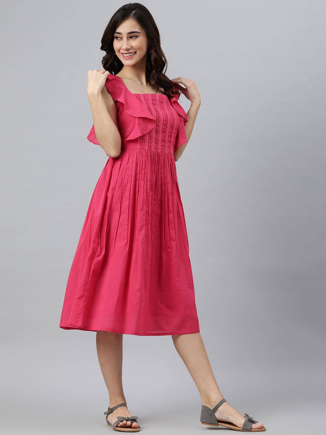 Pink Cotton Solid Flared Western Dress Silae