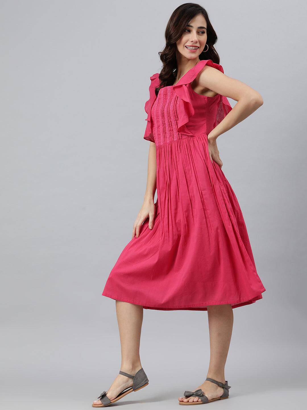 Pink Cotton Solid Flared Western Dress Silae