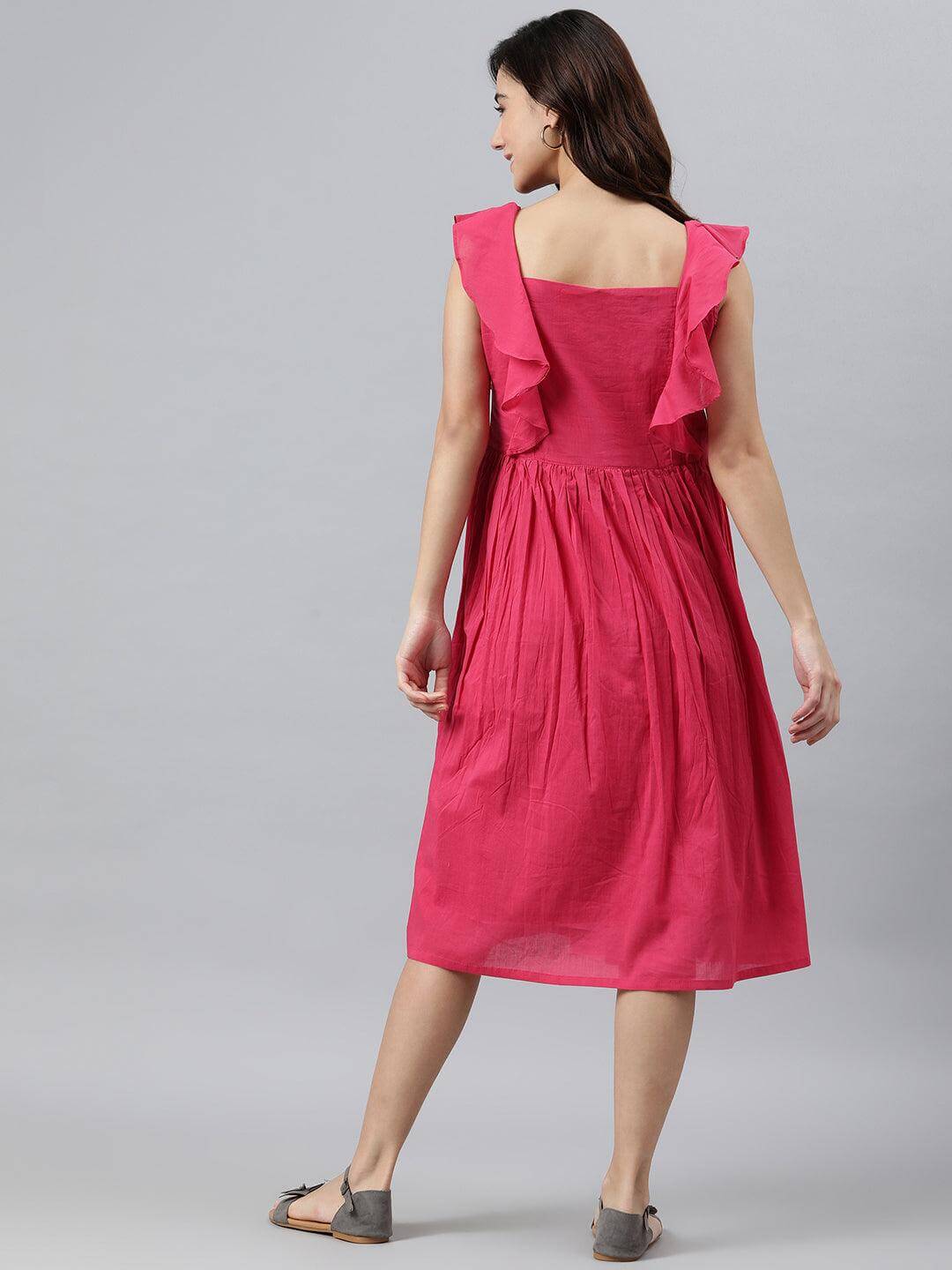Pink Cotton Solid Flared Western Dress Silae