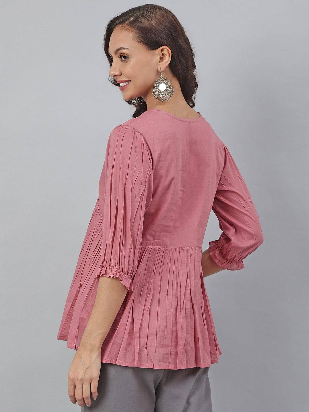 Pink Cotton Embroidered Fit And Flared Top Silae