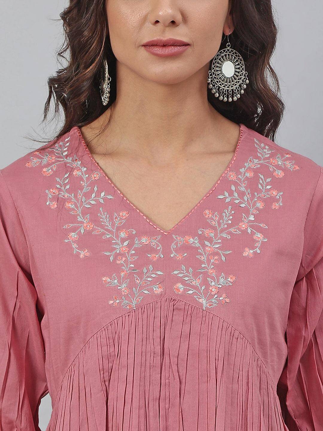 Pink Cotton Embroidered Fit And Flared Top Silae