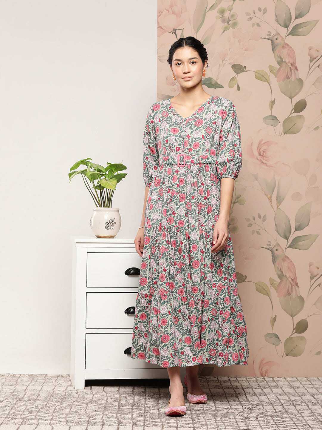 Pastel Green Cotton Floral Print Tiered Western Dress Silae