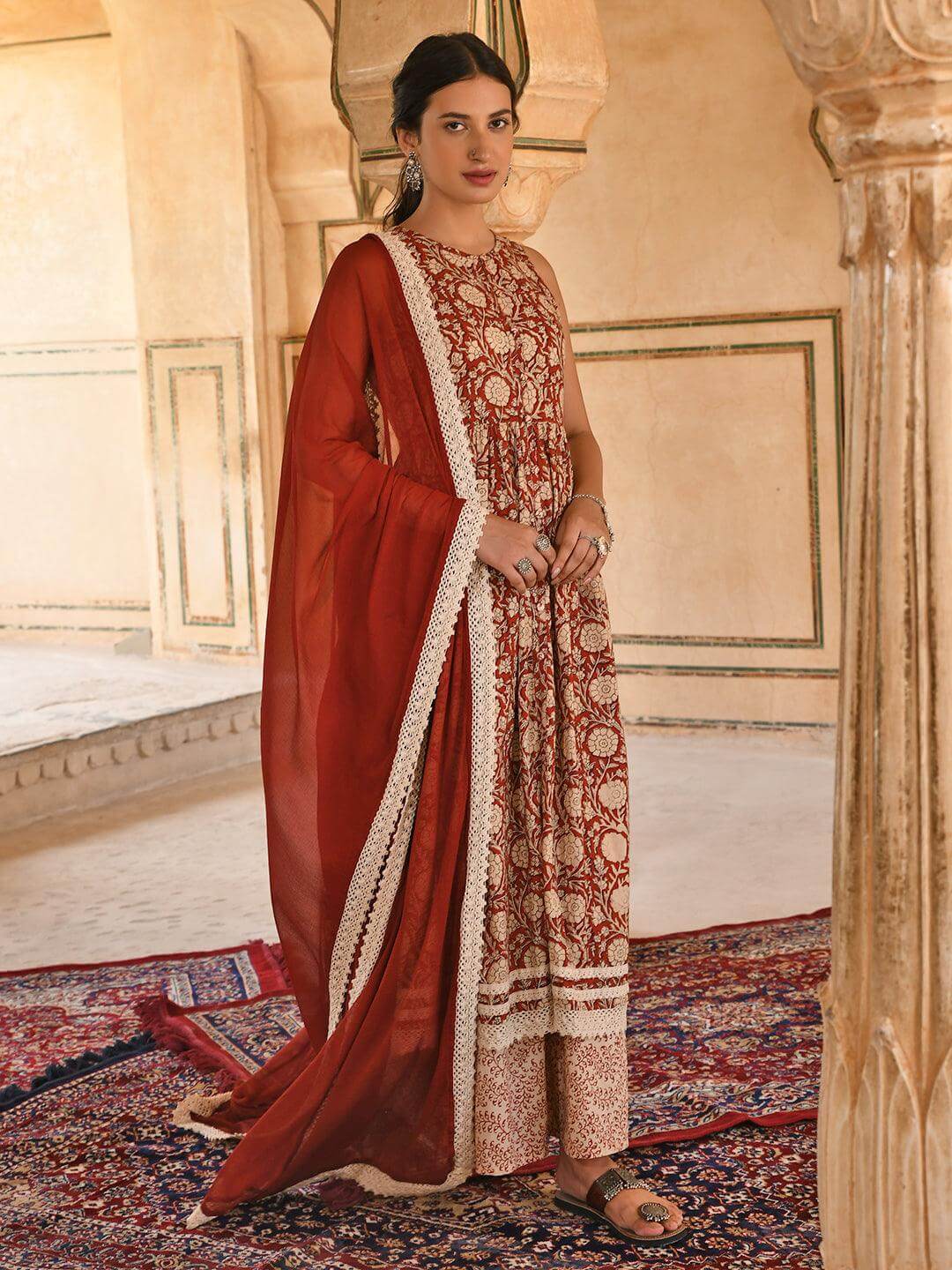 Rust Cotton Floral Print Kurta With Palazzo And Dupatta