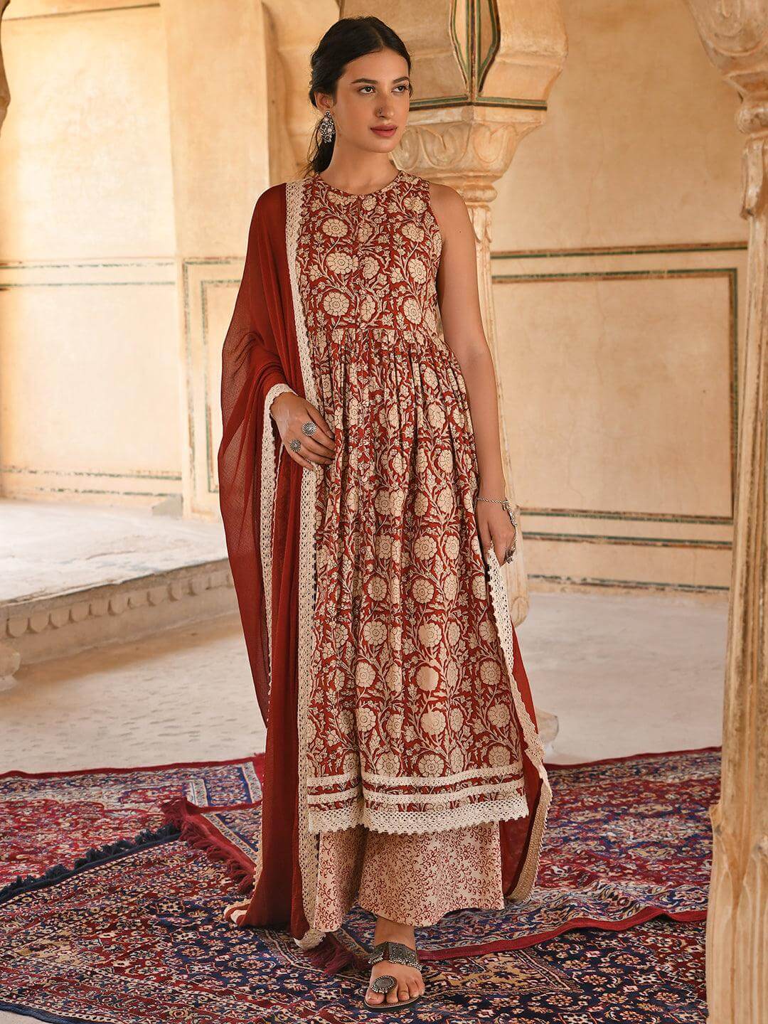 Rust Cotton Floral Print Kurta With Palazzo And Dupatta