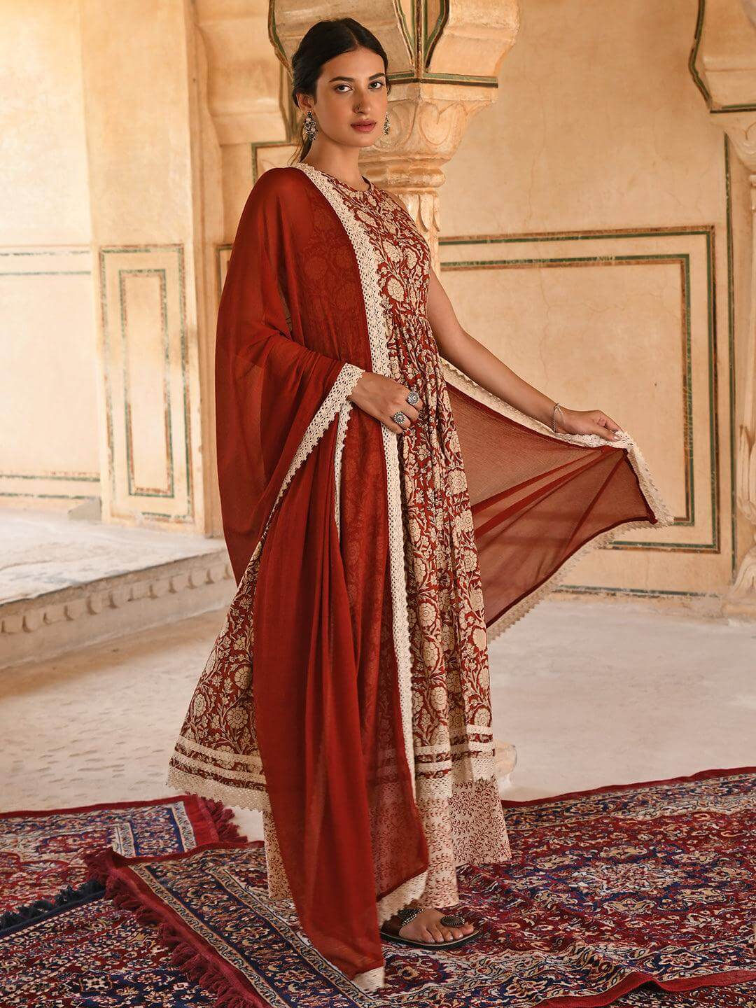 Rust Cotton Floral Print Kurta With Palazzo And Dupatta Silae