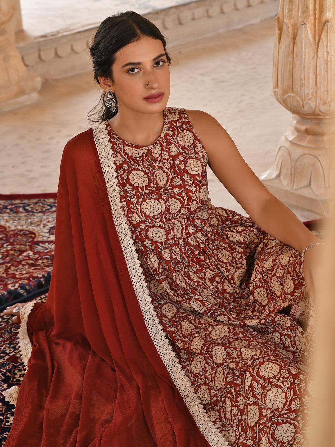 Rust Cotton Floral Print Kurta With Palazzo And Dupatta