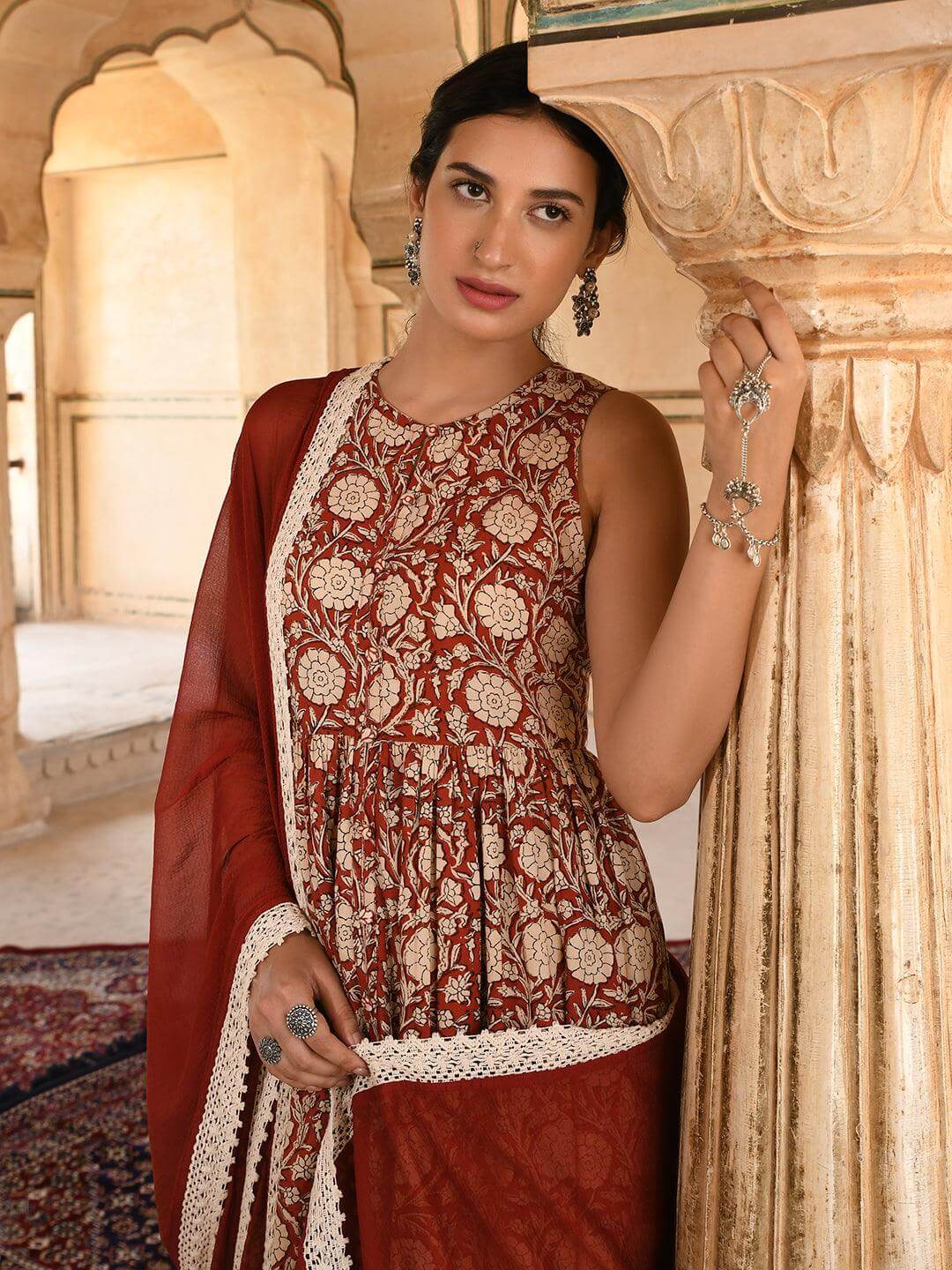 Rust Cotton Floral Print Kurta With Palazzo And Dupatta