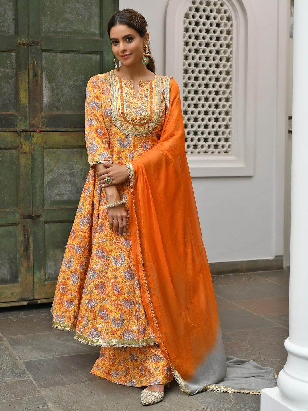 Mustard Cotton Embroidered Kurta With Palazzo And Dupatta Silae