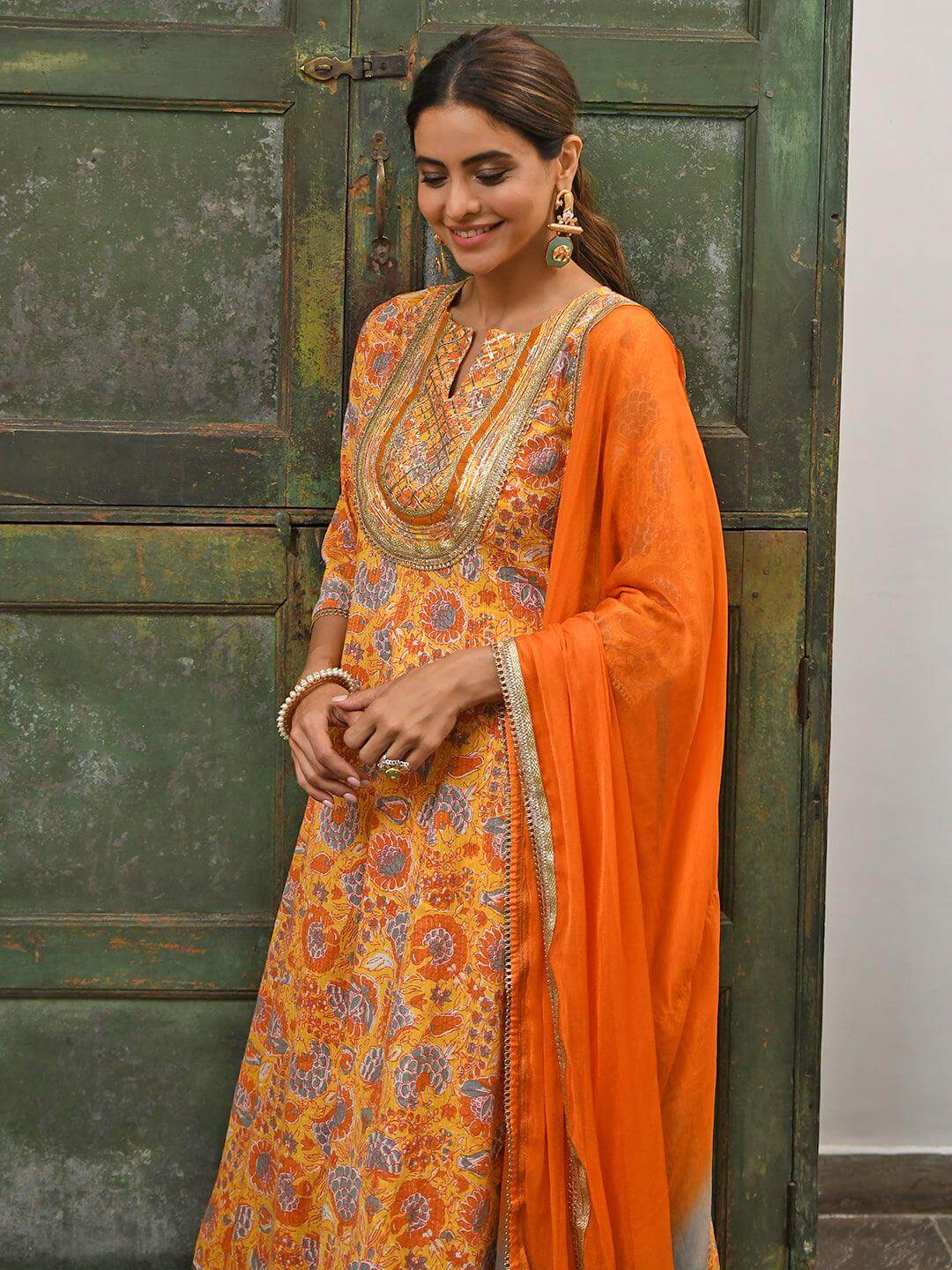 Mustard Cotton Embroidered Kurta With Palazzo And Dupatta Silae