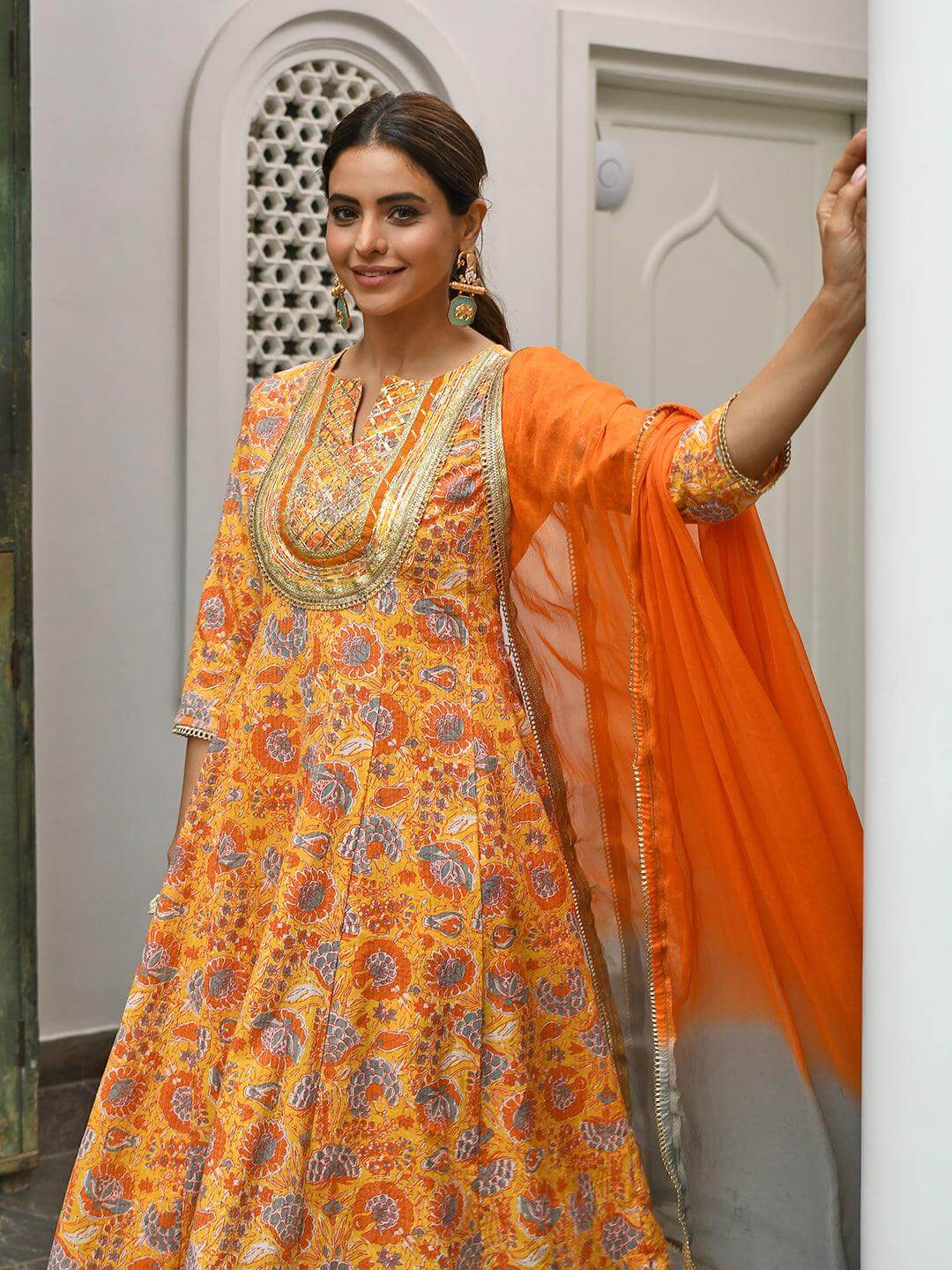Mustard Cotton Embroidered Kurta With Palazzo And Dupatta Silae