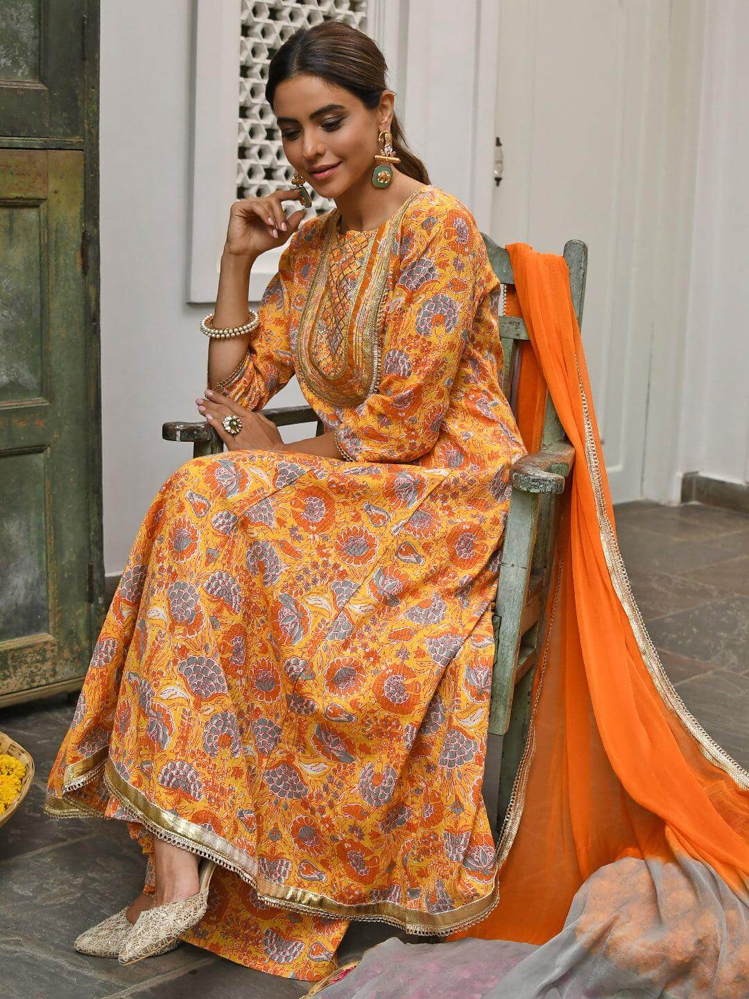 Mustard Cotton Embroidered Kurta With Palazzo And Dupatta Silae