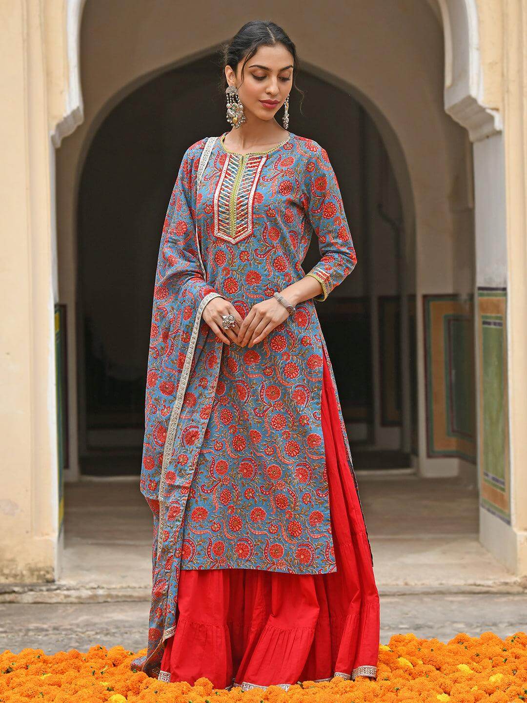 Sky Blue Cotton Floral Block Print Kurta With Gharara And Dupatta Silae