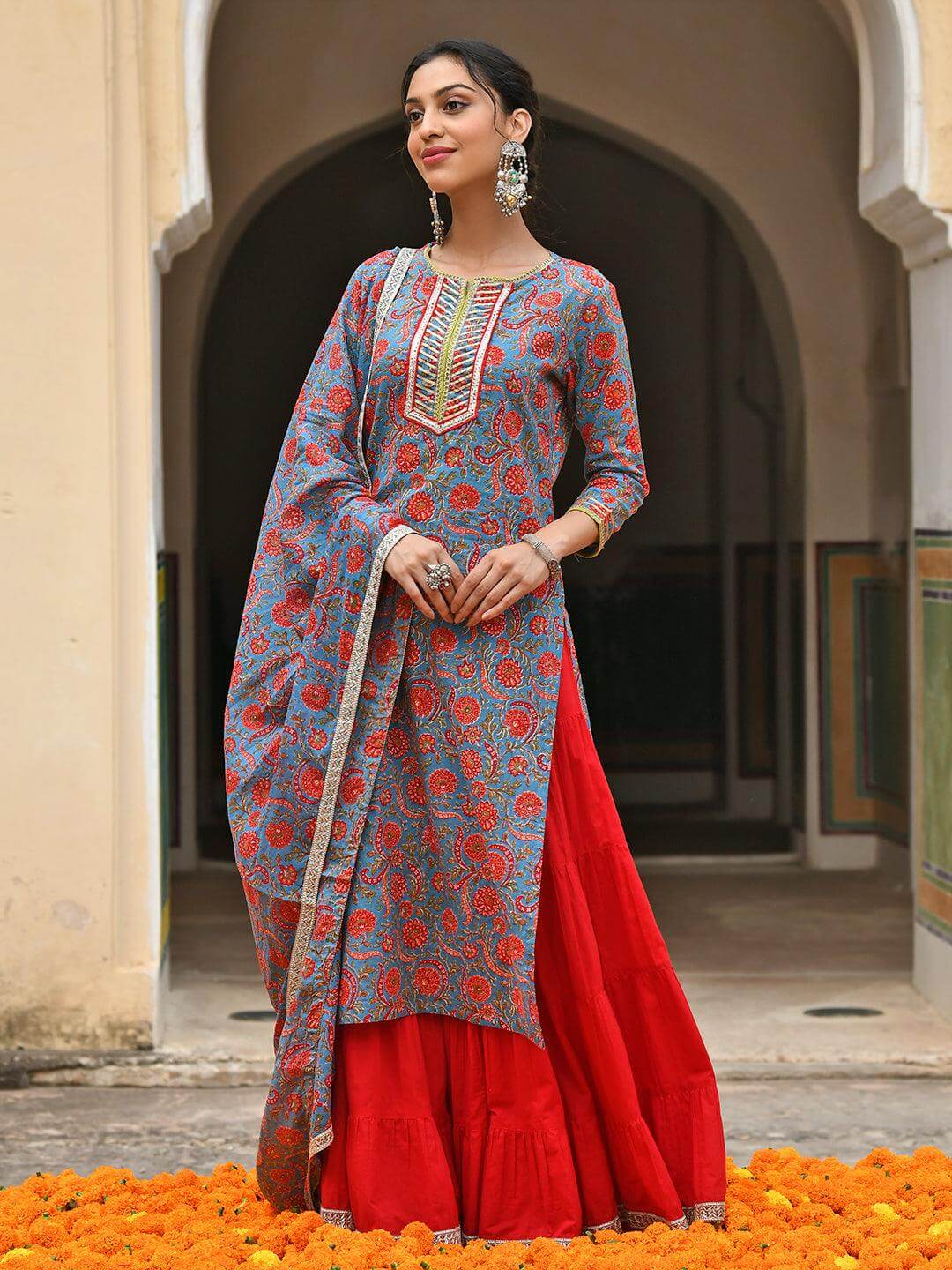 Sky Blue Cotton Floral Block Print Kurta With Gharara And Dupatta Silae