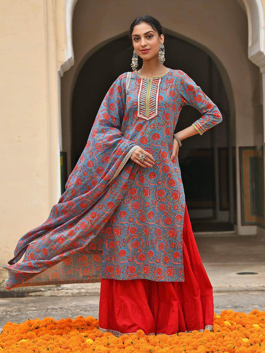 Sky Blue Cotton Floral Block Print Kurta With Gharara And Dupatta Silae