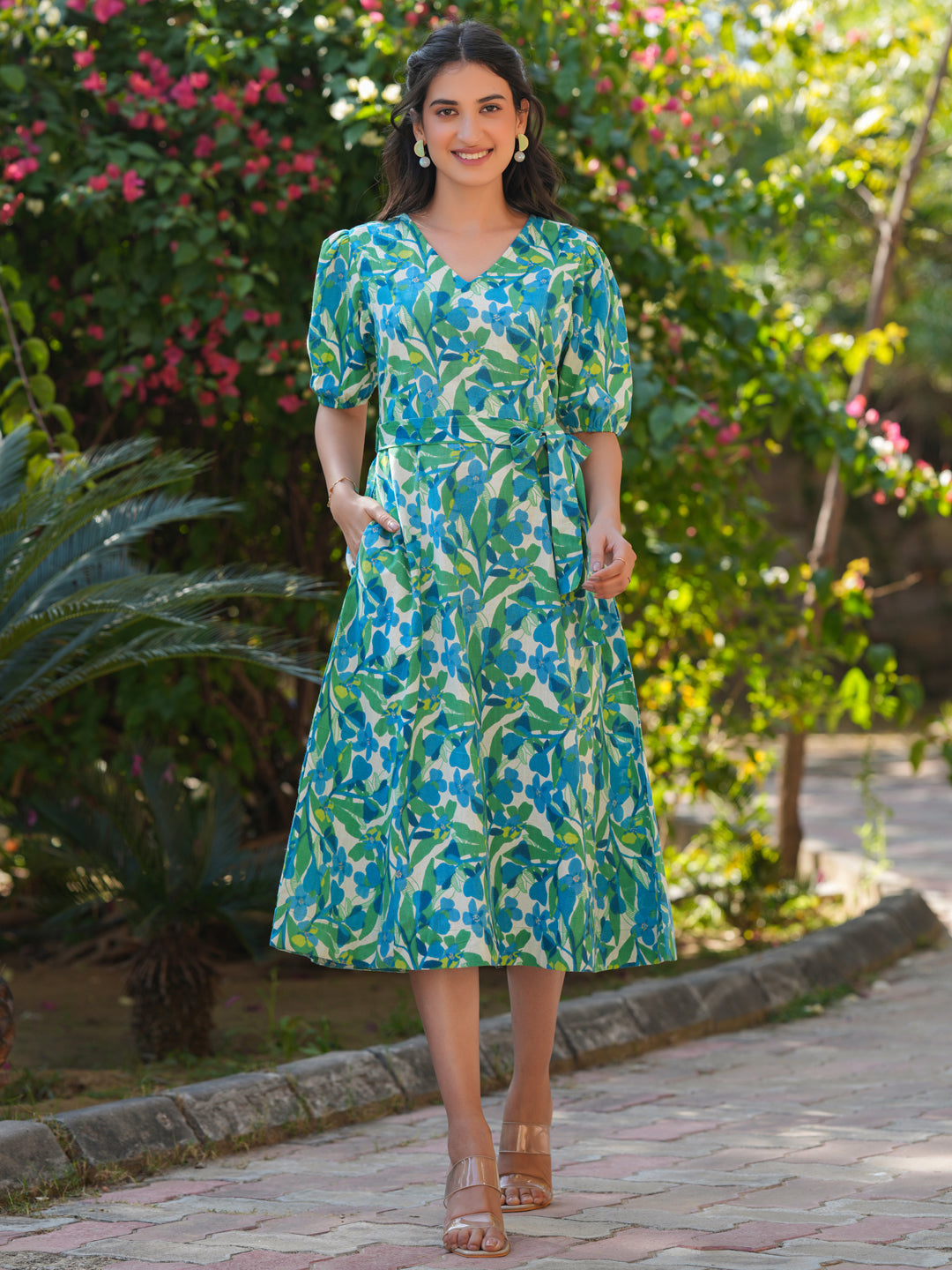 Multicolor Cotton Floral Printed Fit & Flare Dress