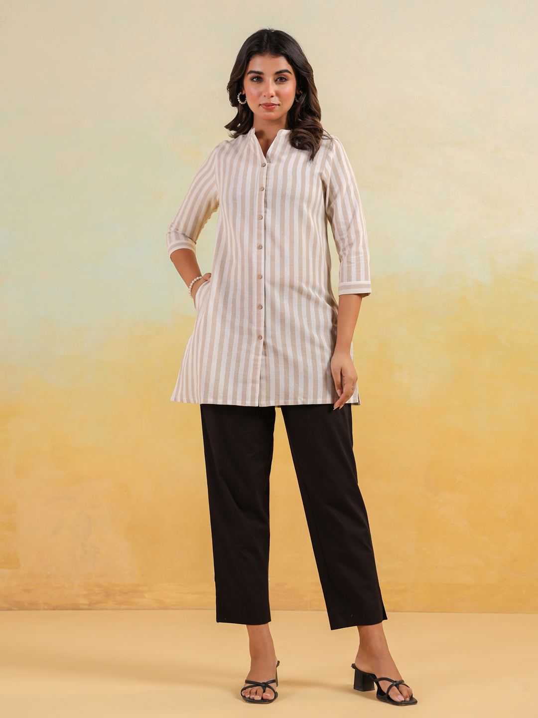 Women's Beige Cotton Striped Straight Short Kurti