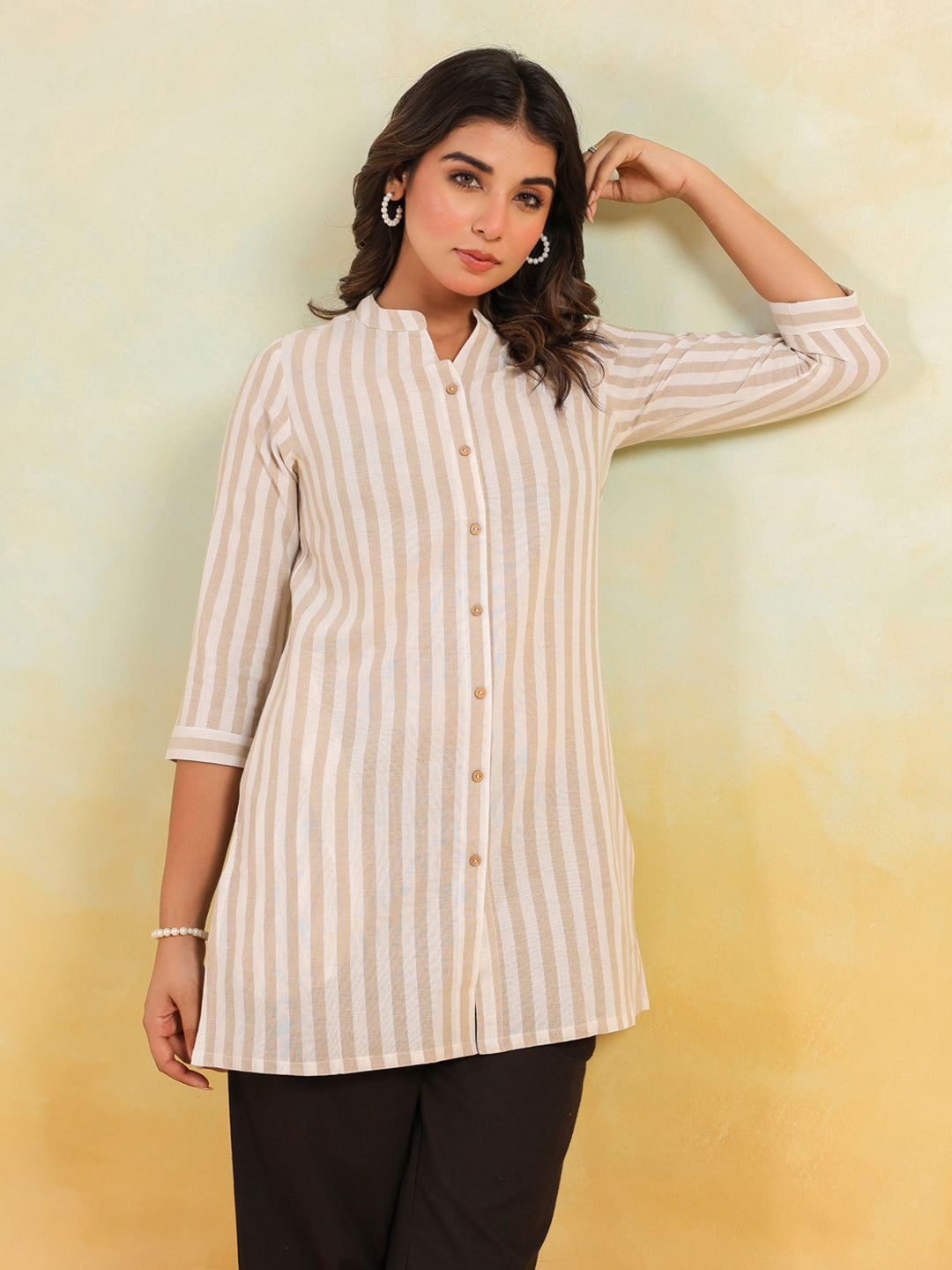 Women's Beige Cotton Striped Straight Short Kurti