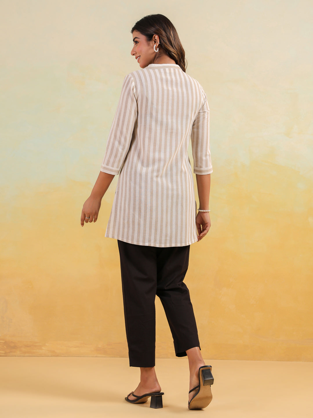 Women's Beige Cotton Striped Straight Short Kurti