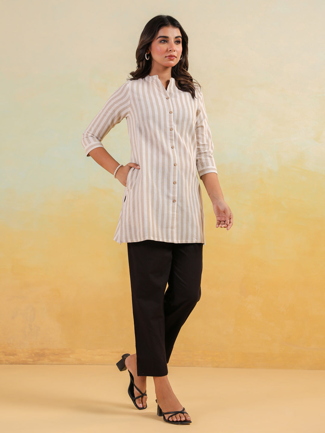 Women's Beige Cotton Striped Straight Short Kurti