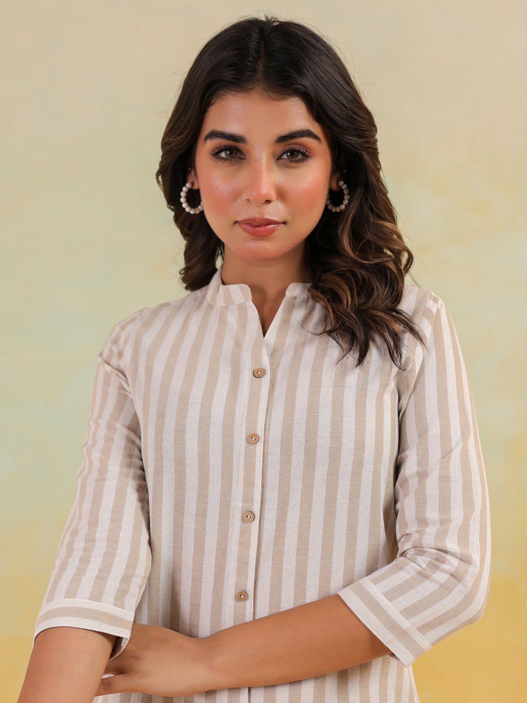 Women's Beige Cotton Striped Straight Short Kurti
