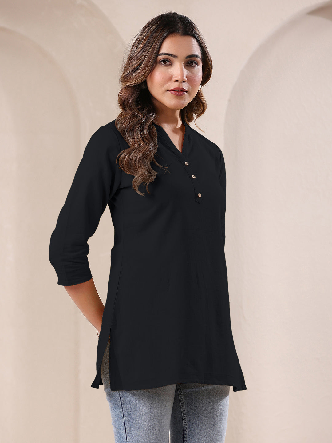 Black Cotton Solid A-line Top