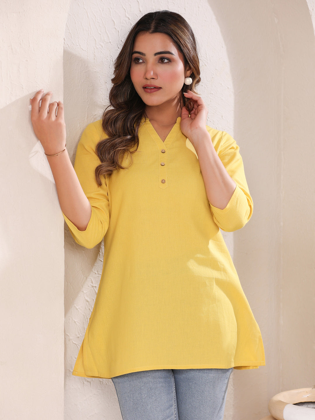Yellow Cotton Solid A-line Top