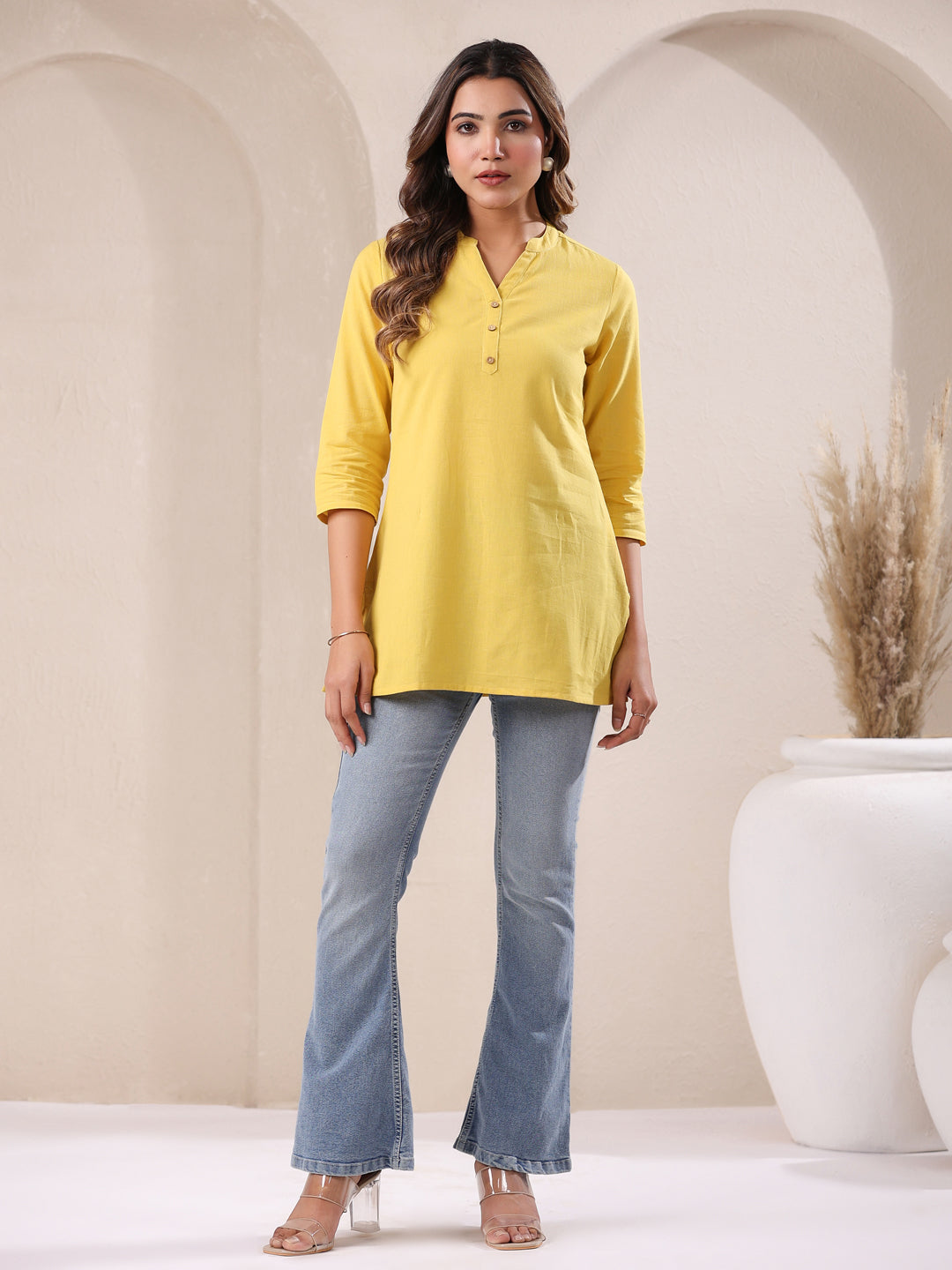 Yellow Cotton Solid A-line Top