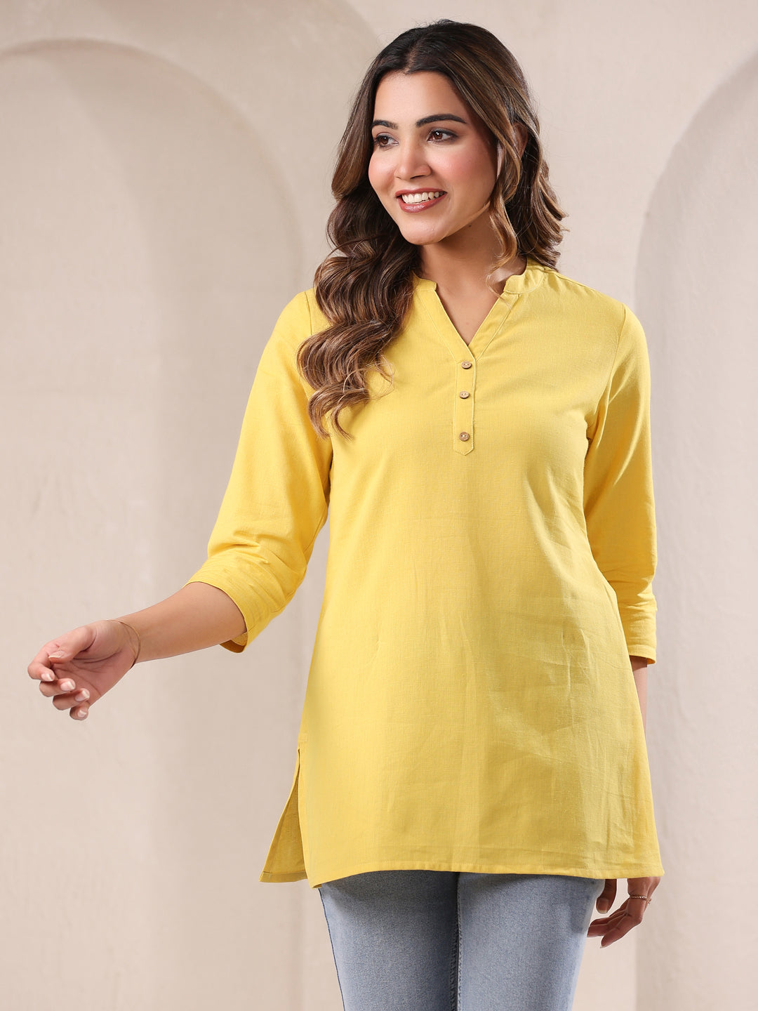 Yellow Cotton Solid A-line Top