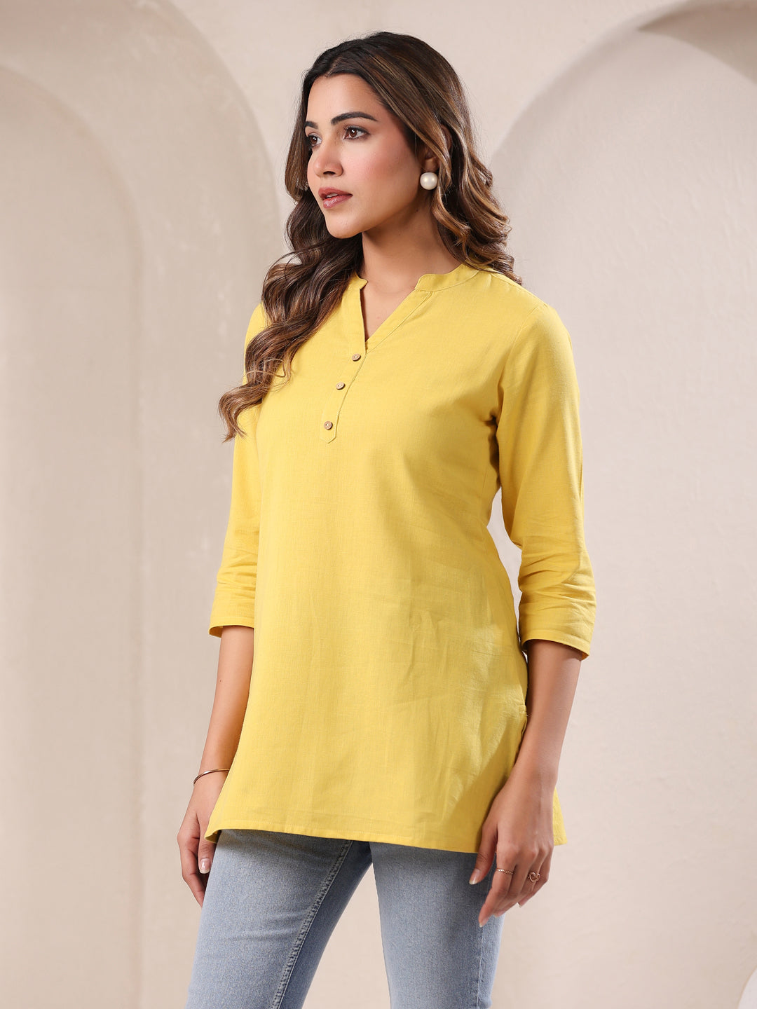 Yellow Cotton Solid A-line Top