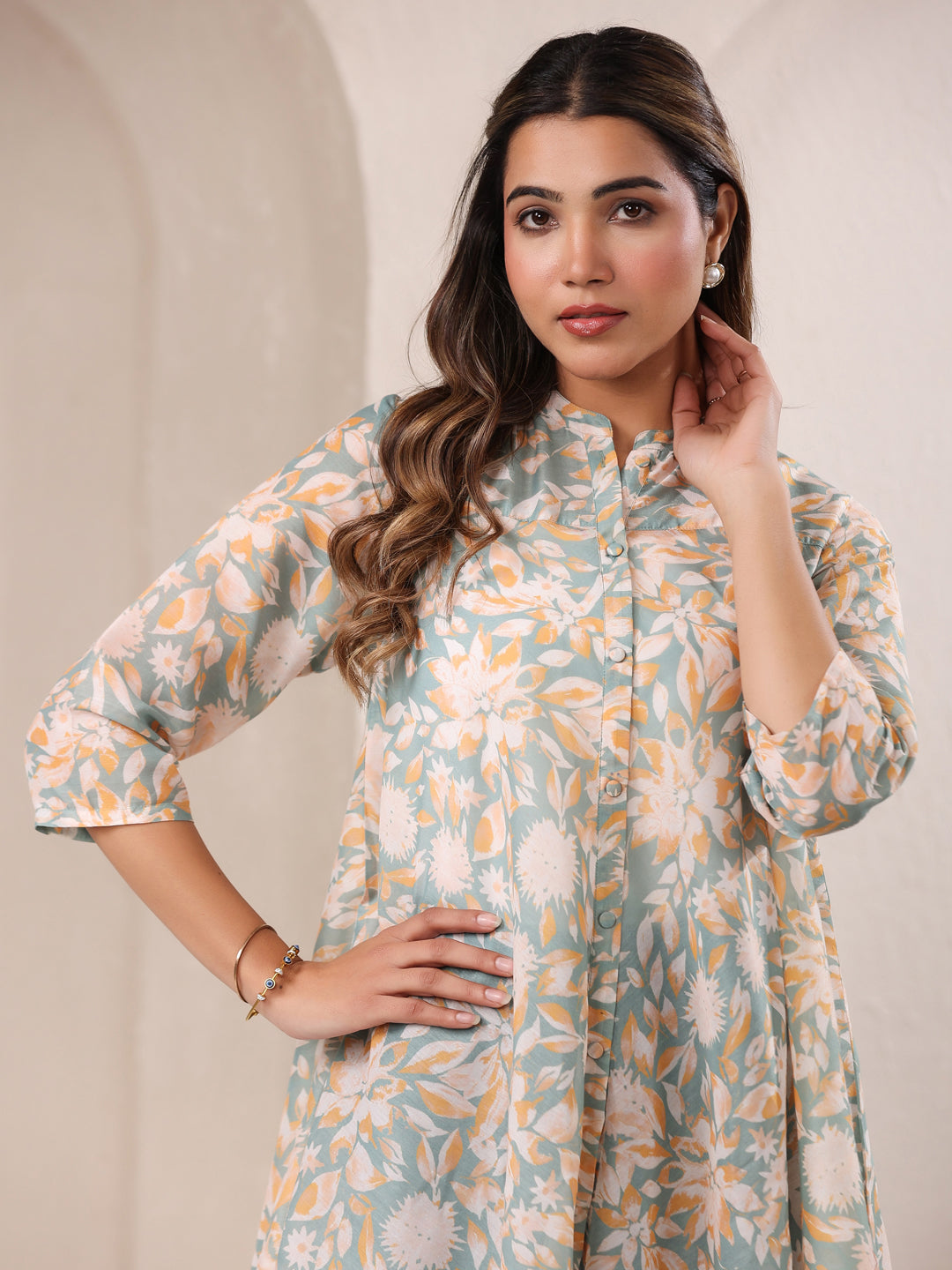 Sage Green Cotton Blend Floral Printed A-line Tunic