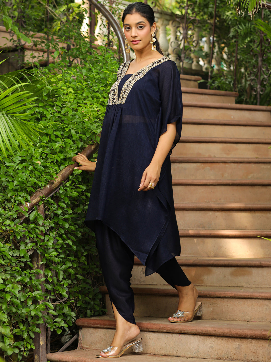 Navy Blue Silk Blend Yoke Embroidered Kaftan Co-Ord Set