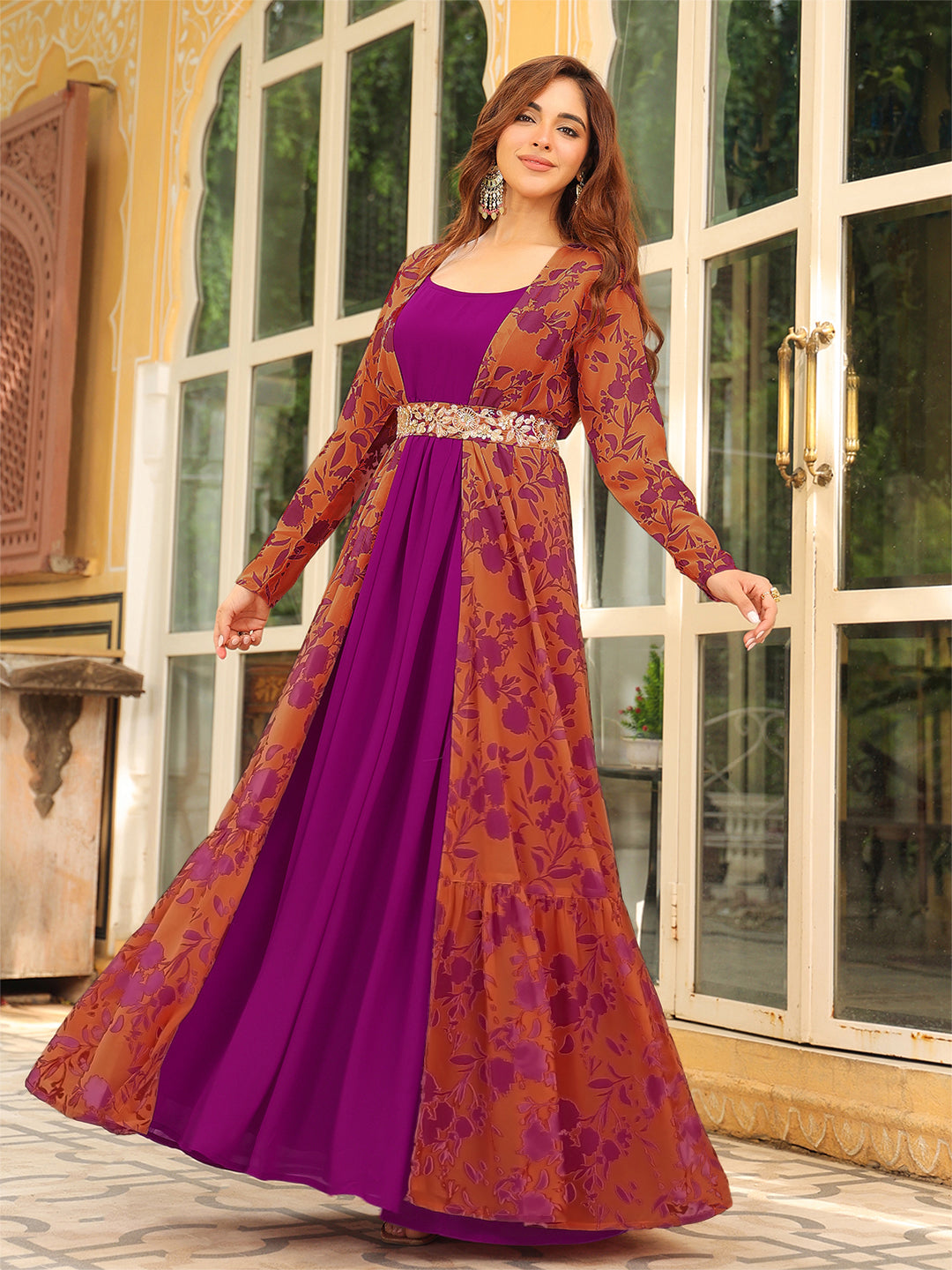 Pink Georgette Floral Printed Embroidered Belted Dress With Jacket
