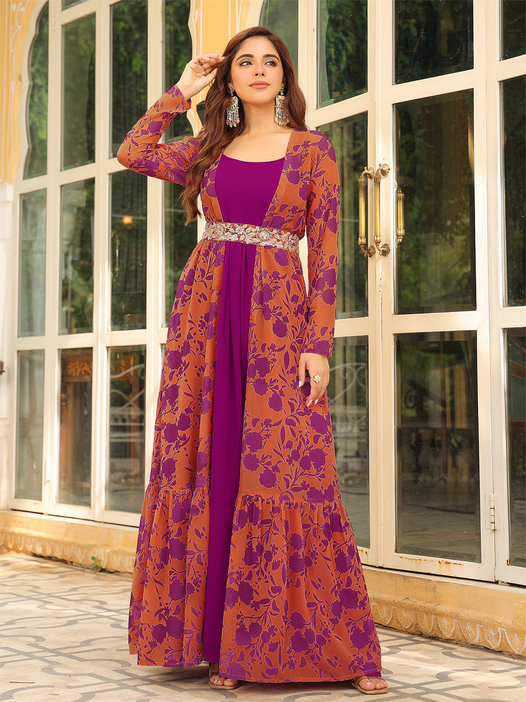 Pink Georgette Floral Printed Embroidered Belted Dress With Jacket