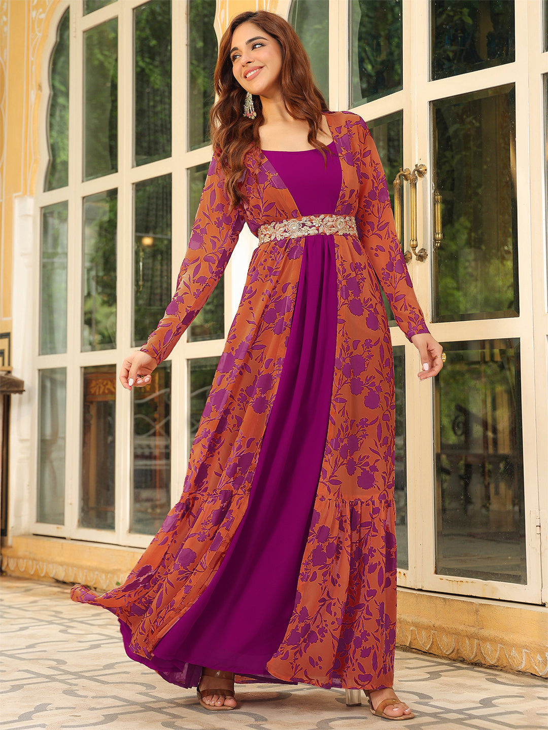 Pink Georgette Floral Printed Embroidered Belted Dress With Jacket