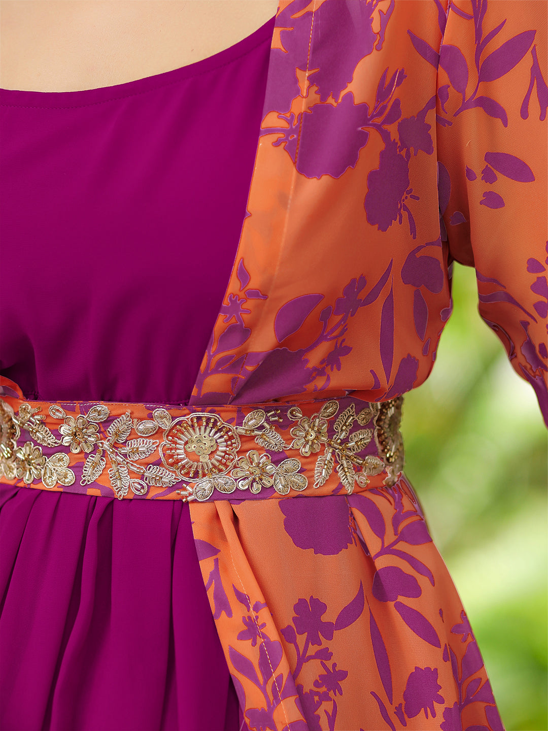 Pink Georgette Floral Printed Embroidered Belted Dress With Jacket