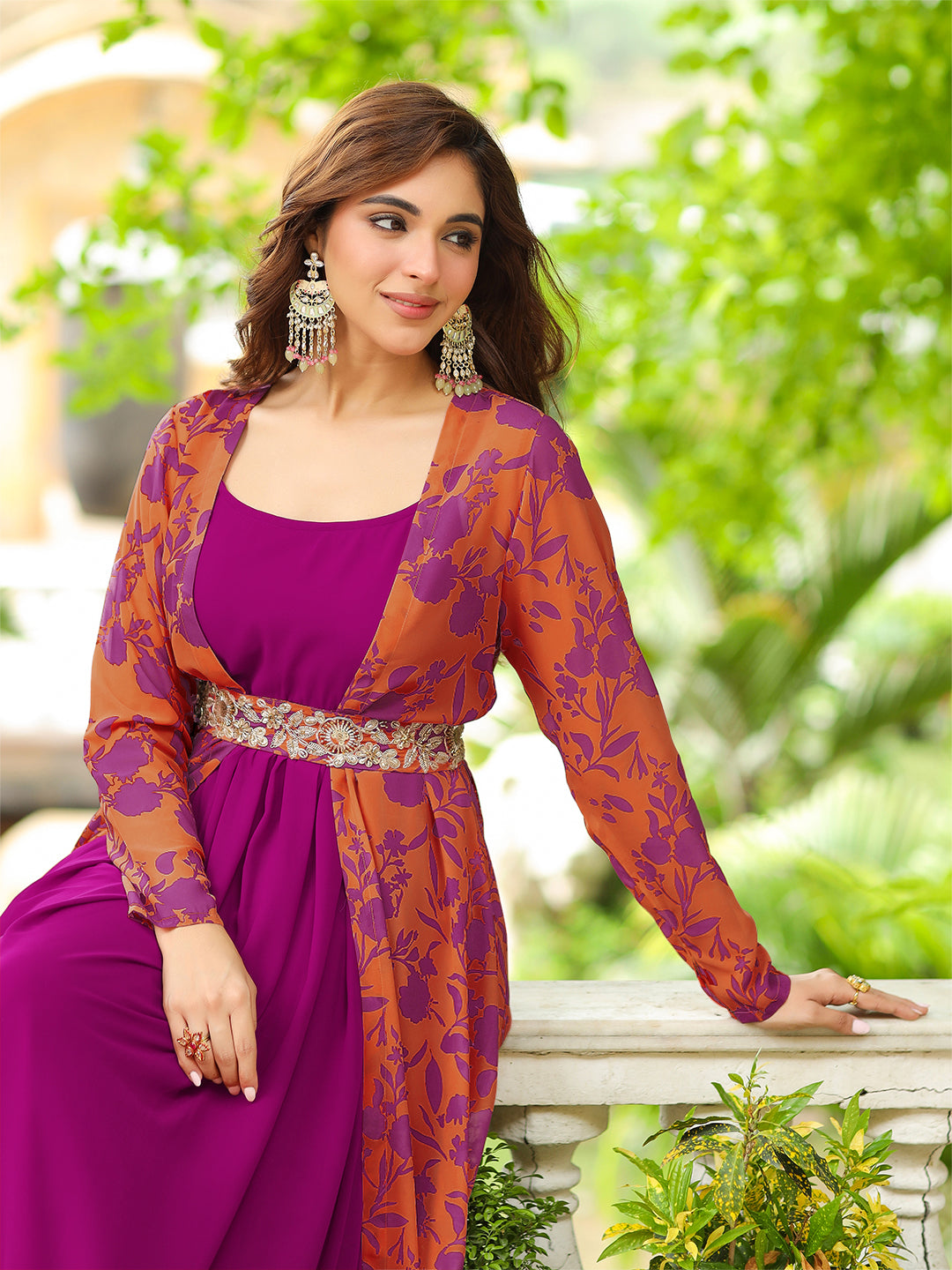 Pink Georgette Floral Printed Embroidered Belted Dress With Jacket