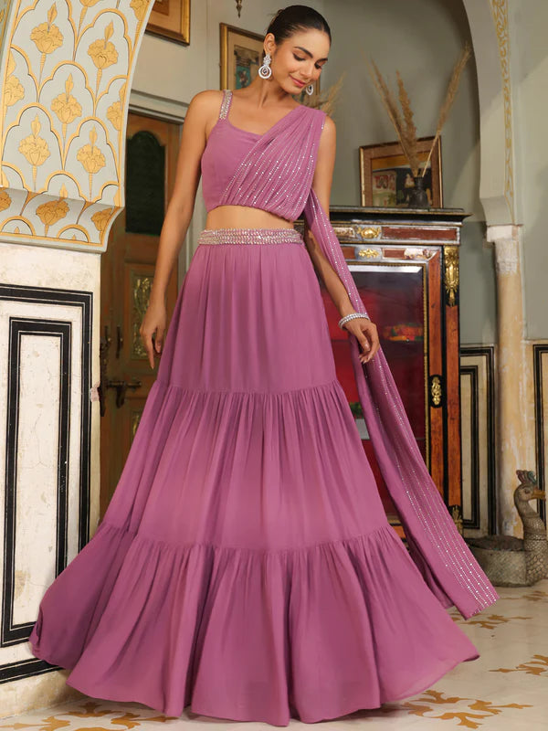 Lavender Georgette Embellished Tiered Ready To Wear Lehenga Choli Set