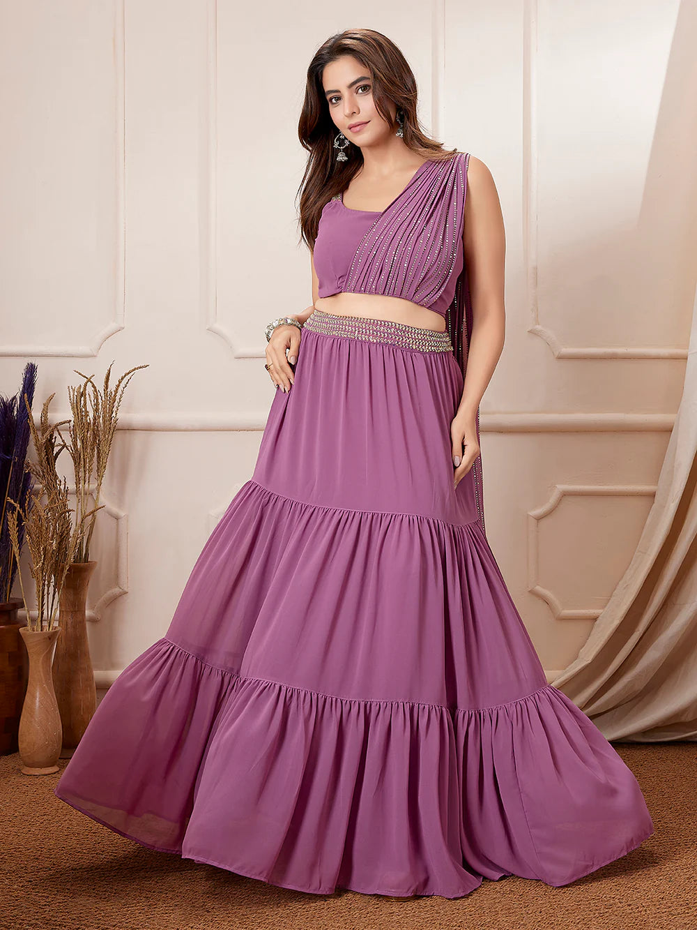 Lavender Georgette Embellished Tiered Ready To Wear Lehenga Choli Set