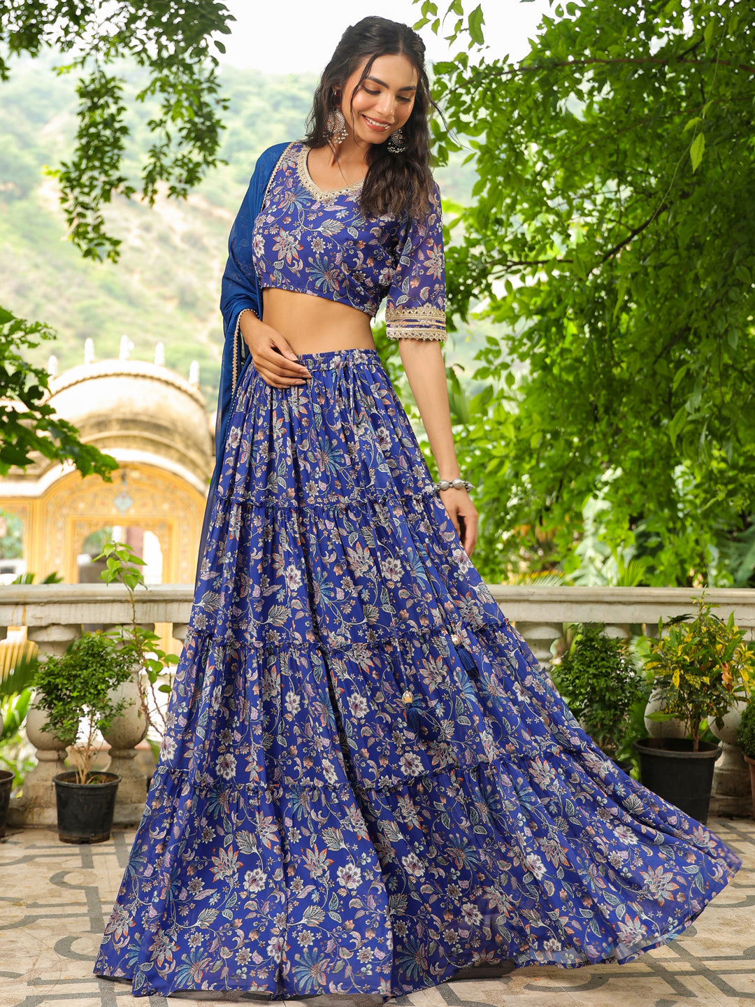 Blue Georgette Floral Printed Tiered Lehenga Choli Set