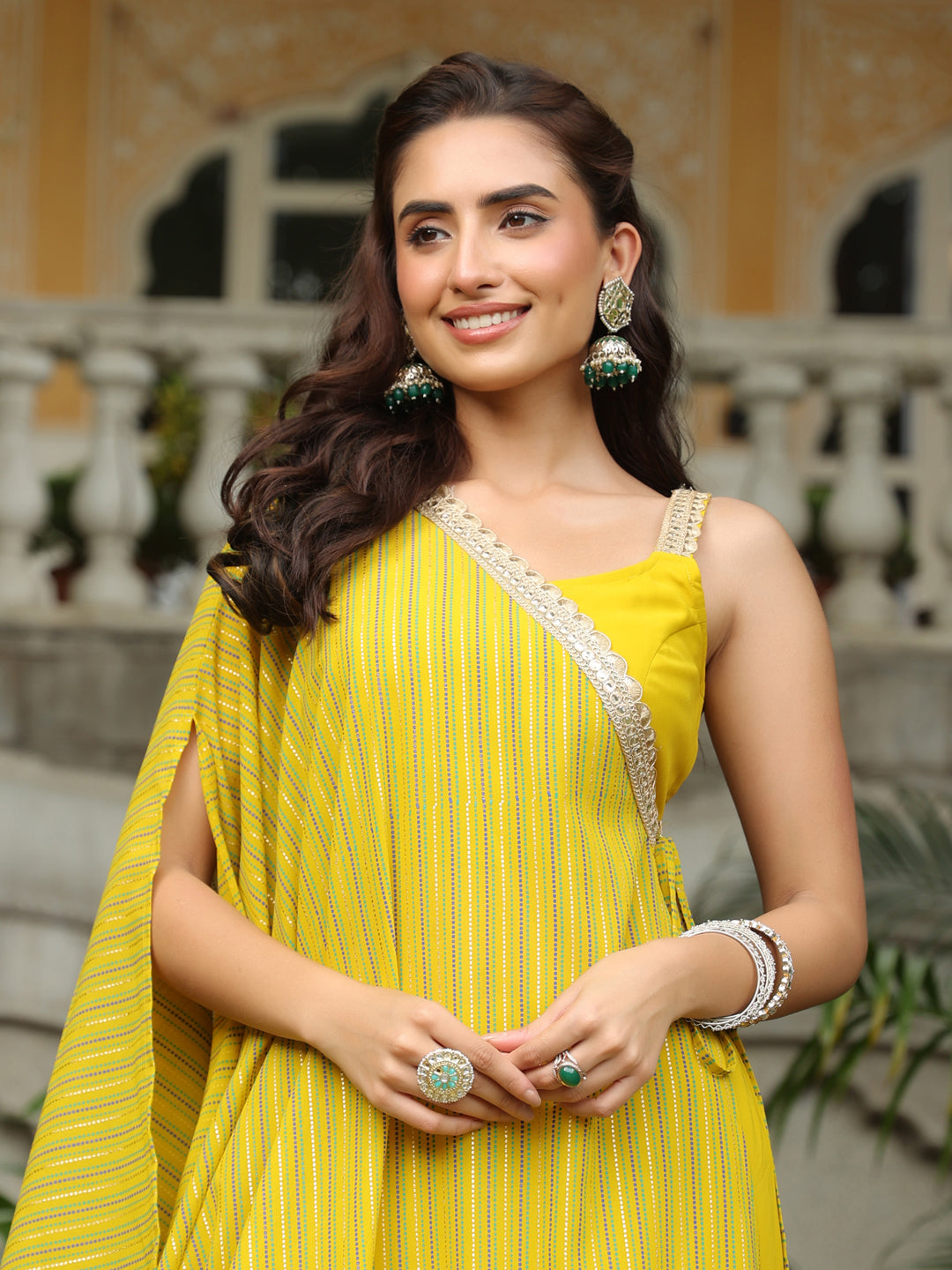 Yellow Embellished Top With Pant and Cape Set