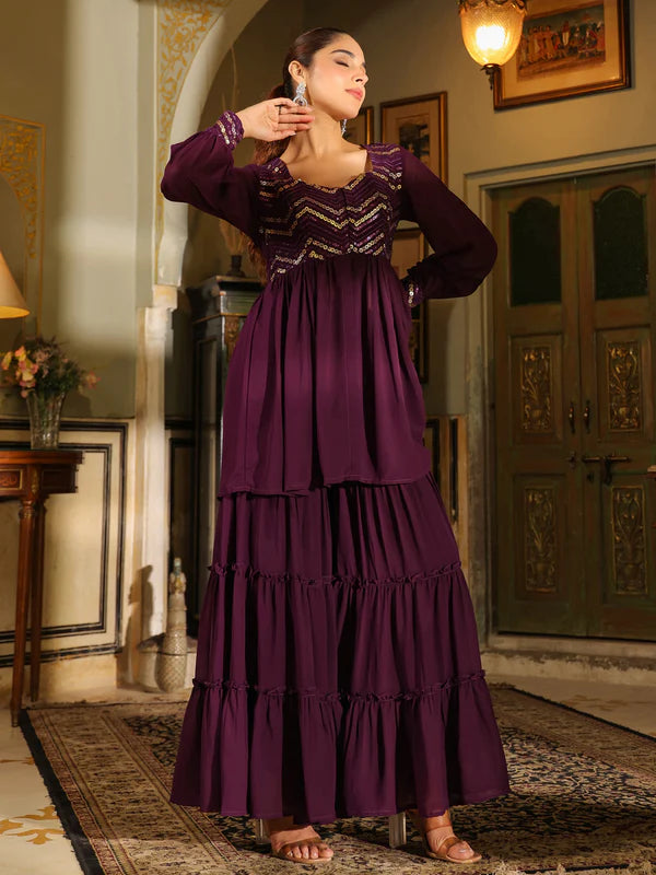 Purple Georgette Sequined Front Slit Peplum Sharara Set