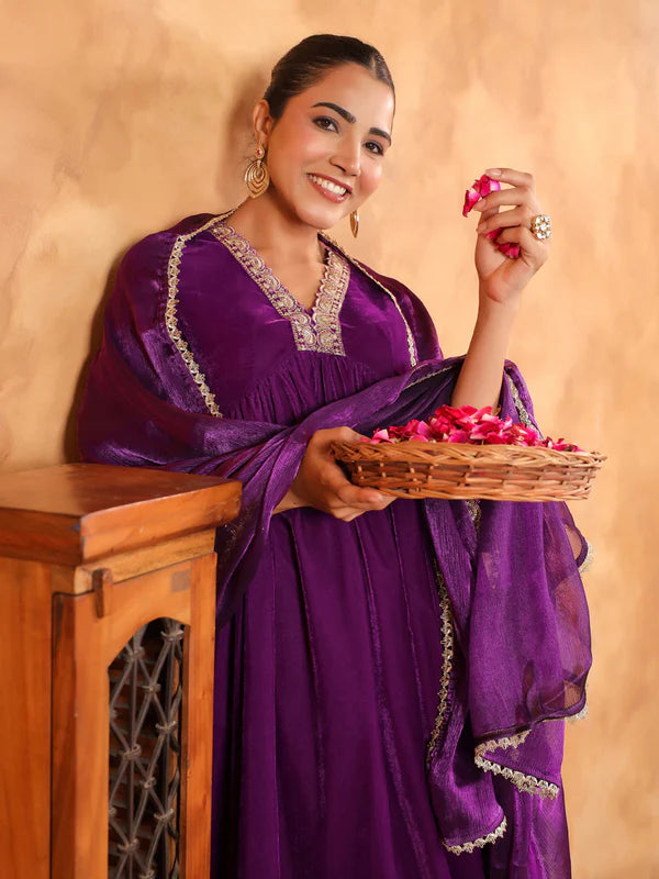 Purple Velvet Zari Embroidered A-Line Kurta Set