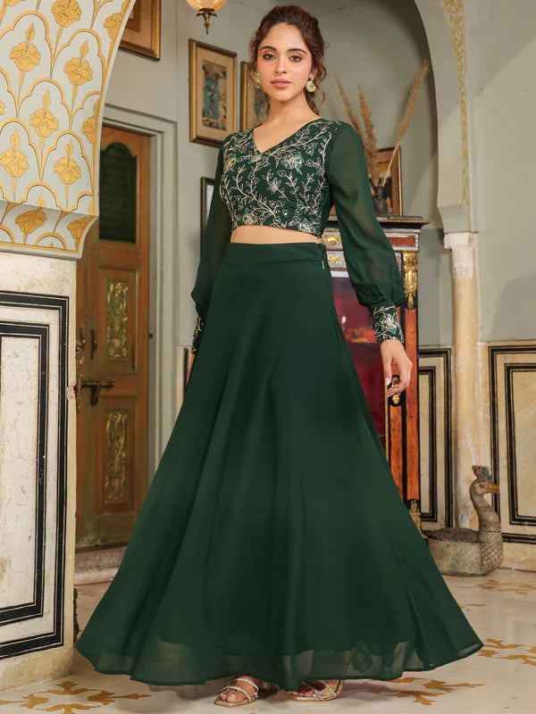 Dark Green Embroidered Top With Skirt Set