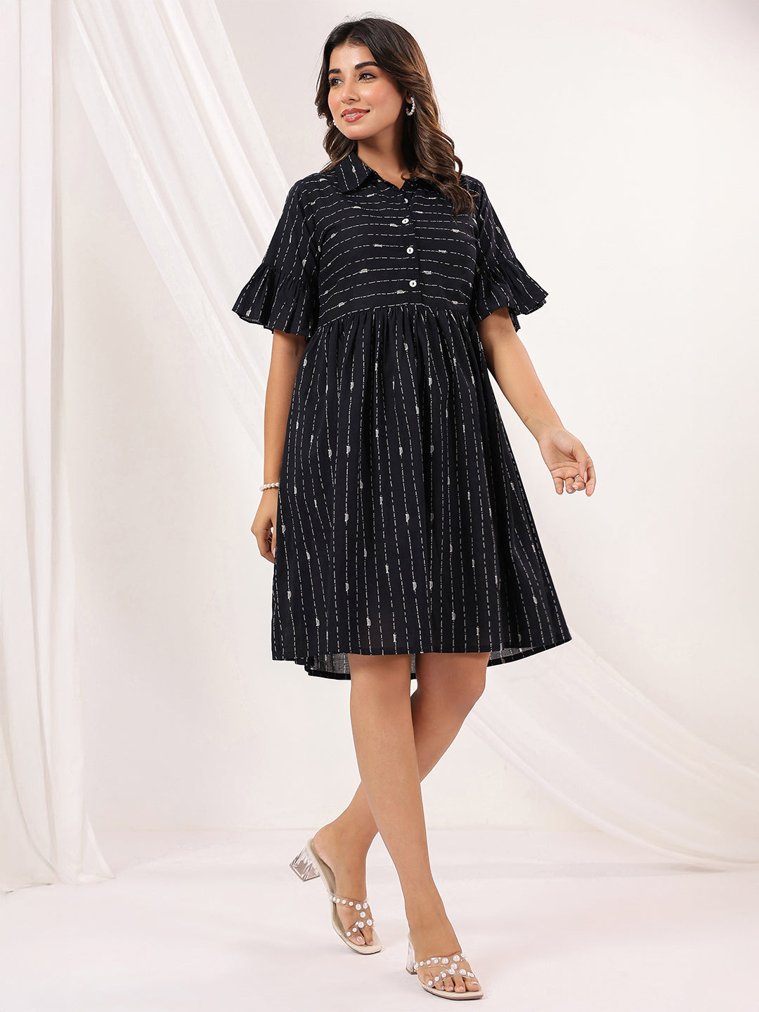 Women's Black Cotton Abstract Printed A line Dress