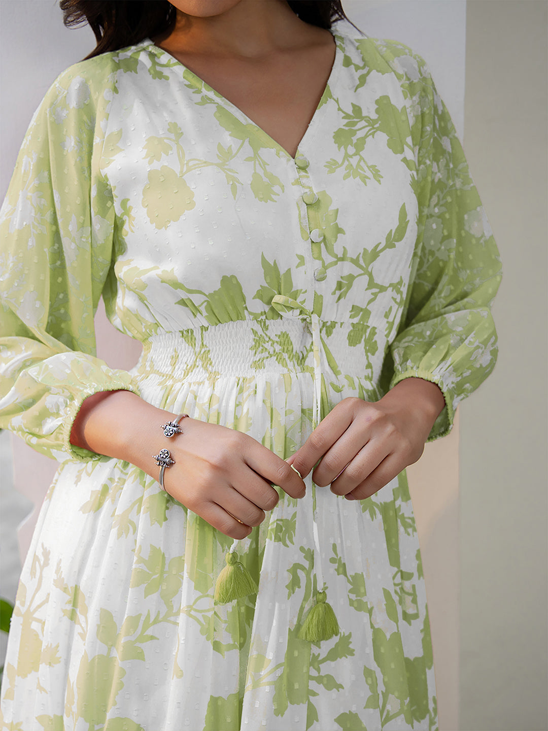 Green Dobby Georgette Floral Printed Fit & Flare Dress