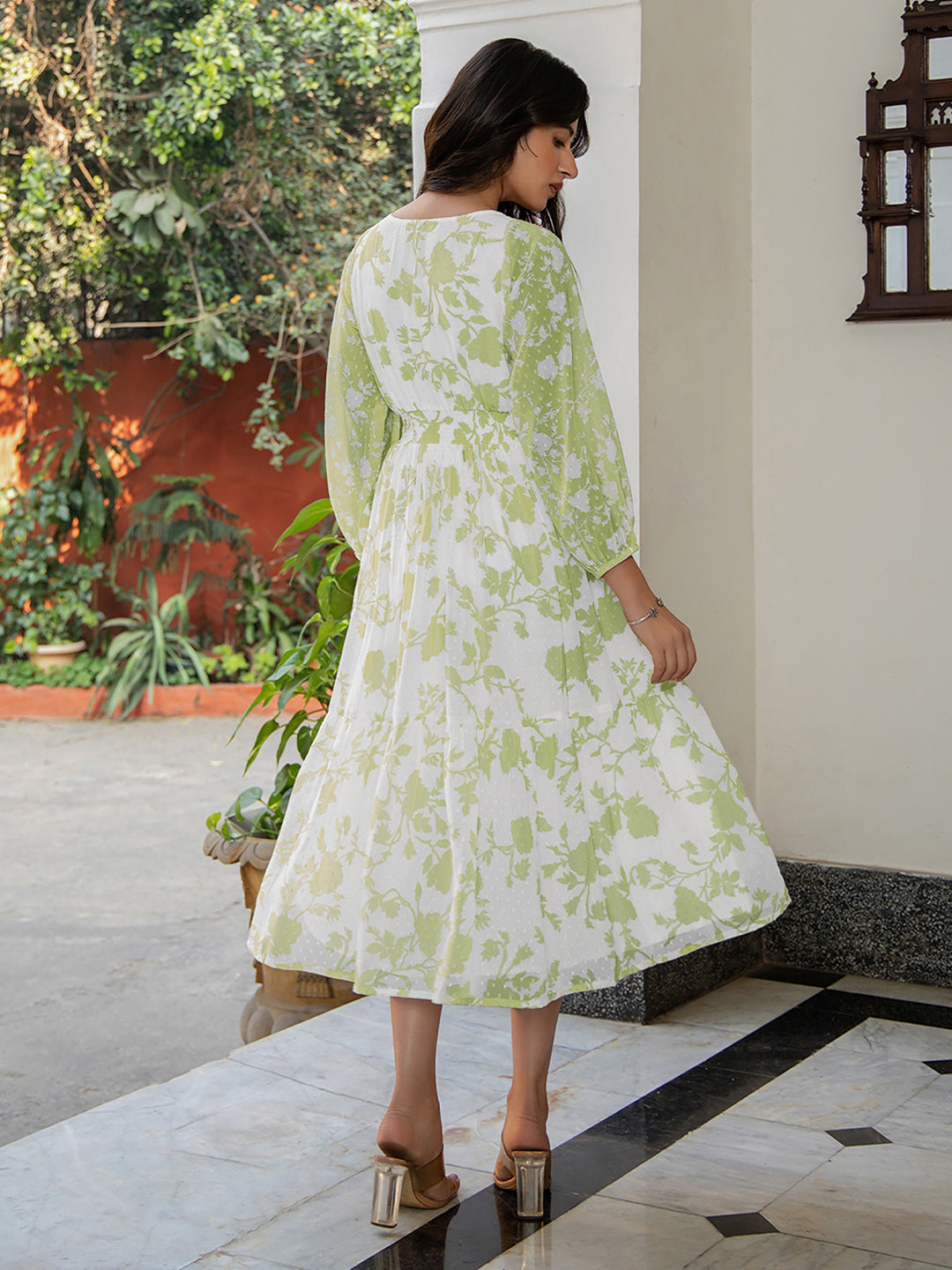 Green Dobby Georgette Floral Printed Fit & Flare Dress